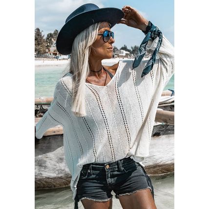 White Hollowed Detail Knitted Loose V Neck Sweater