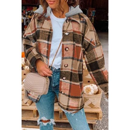 Orange Hooded Plaid Button Front Shacket