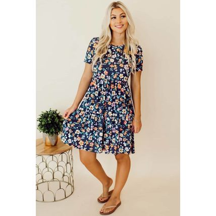Blue Short Sleeve A-line Floral Dress