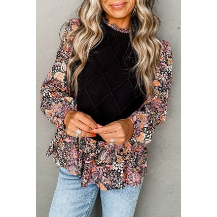 Black Contrast Floral Sleeve Peplum Sweater