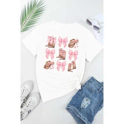 White Western Hat Boots Bow Knot Casual Graphic T Shirt