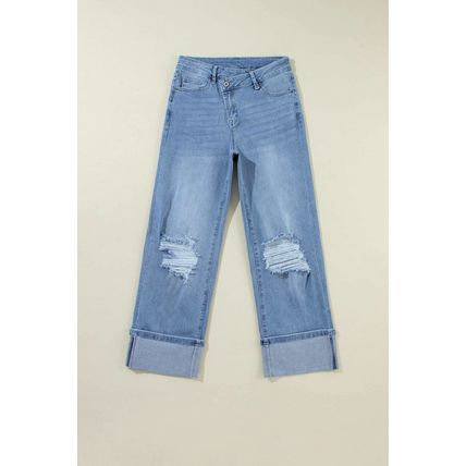 Dusk Blue High Rise Asymmetric Button Zip Fly Ripped Jeans