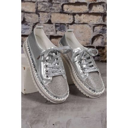 Silvery Rhinestone Metallic Sheen Lace-up Flat Shoes