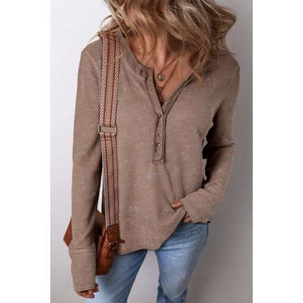 Coffee Acid Wash Waffle Knit Buttoned Neckline Long Sleeve Top