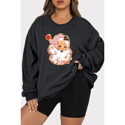 Black Plus Size Santa Claus Patched Textured Sweatshirt