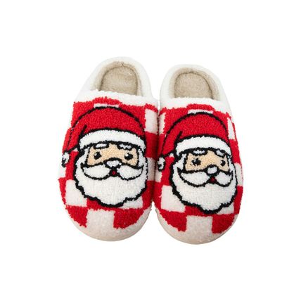 Fiery Red Checkered Santa Claus Graphic Plush Home Slippers