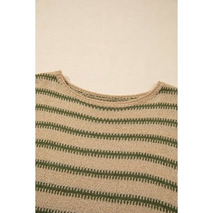 Khaki Stripe Drop Shoulder Casual Sweater