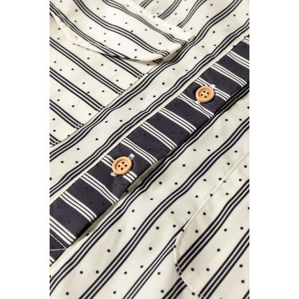 Black Stripe 2-tone Patchwork Half Buttons Chest Pockets Casual Blouse