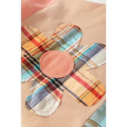 Multicolour Waffle Knit Plaid Patchwork Side Slits Loose Sweatshirt