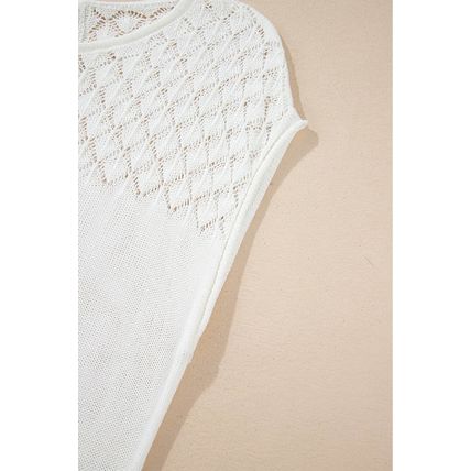 White Eyelet Knit Tied Back Short Sleeve Sweater