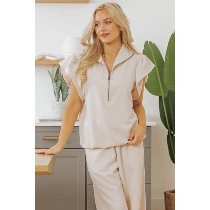 Apricot Textured Ruffled Sleeve Zipped Top and Wide Leg Pants Set