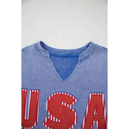 Sky Blue USA Patch Mineral Wash Notch V Neck Vintage Graphic T Shirt