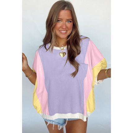 Purple Color Block Patchwork Half Sleeve Oversized T Shirt