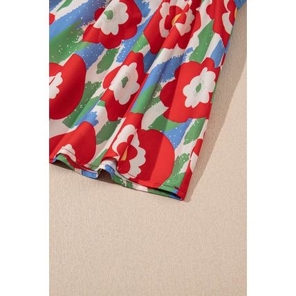 Red Plus Size Floral Print Ruffle Trim Split Neck Peplum Top