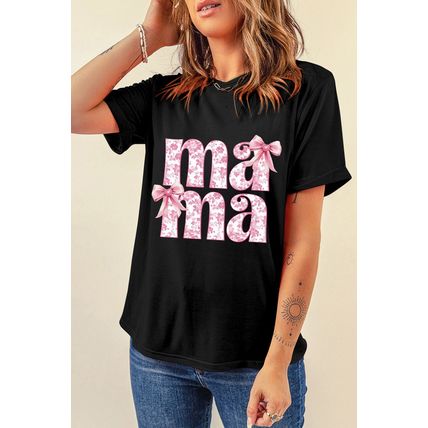 Black Floral Bow Mama Graphic Crewneck Tee