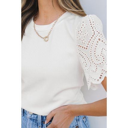 White Eyelet Pattern Short Sleeve Patchwork Ribbed Top