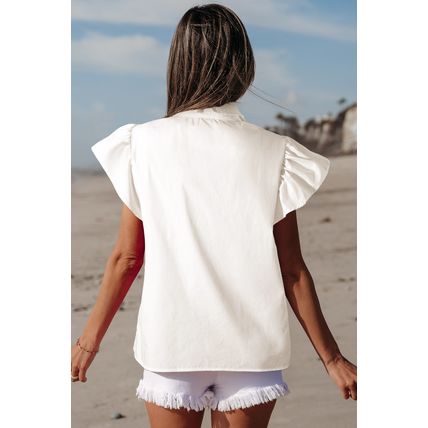 White Half Button Lace Patchwork Flutter Sleeve Blouse