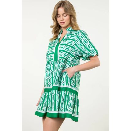 Bright Green Abstract Patterned V Neck Puff Short Sleeve Mini Dress