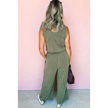 Vineyard Green Buttoned Drawstring Waist Sleeveless Wide Leg Jumpsuit