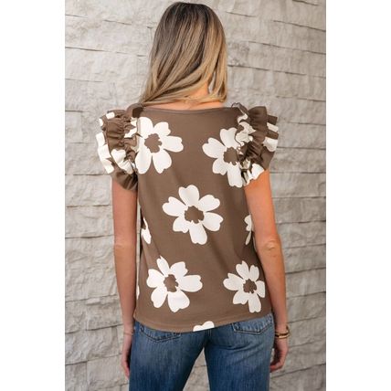 Brown Floral Textured Ruffled Short Sleeve Square Neck Blouse