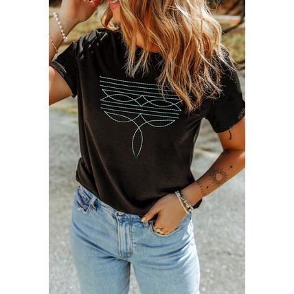 Black Western Fashion Geometric Embroidered T Shirt