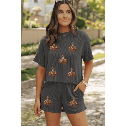Carbon Grey Western Rodeo Graphic Patched 3D Ribbed Short 2pcs Outfit