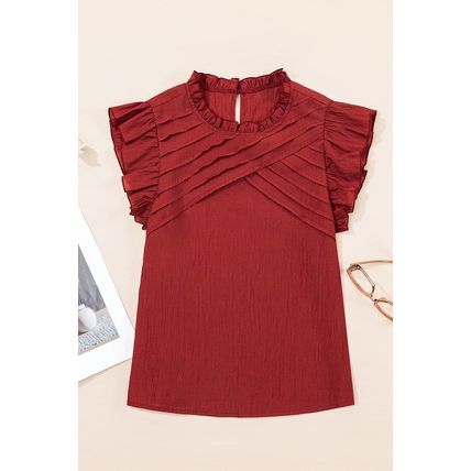 Red Dahlia Solid Color Pleated Detail Ruffle Short Sleeve Blouse