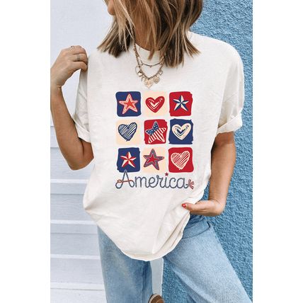 White American Heart Star Checkered Graphic Tee
