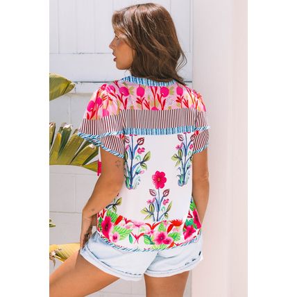 Pink Floral Striped Patchwork Short Sleeve Split Neck Blouse
