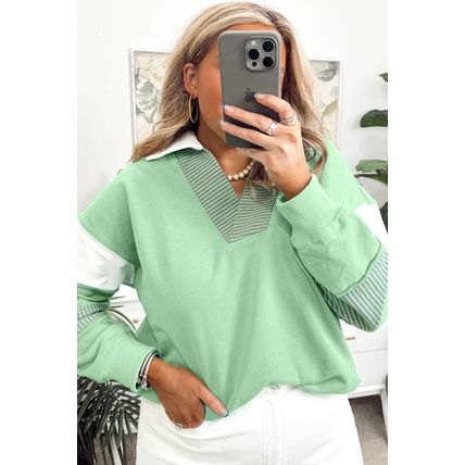 Moonlight Jade Color Block Striped Patchwork Collar V Neck Plus Size Sweatshirt