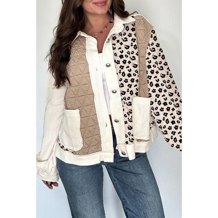 Khaki Leopard Waffle Quilted Patchwork Button Front Jacket