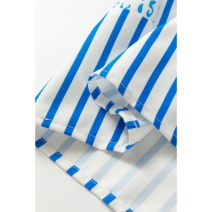 Sky Blue Contrast Striped Trim Floral Shift Fit Fall Dress