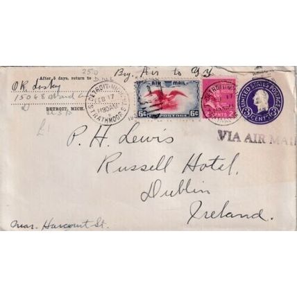 United States 1939 Strathmoor St Detroit-Dublin Cover Detroit cancel written VGC