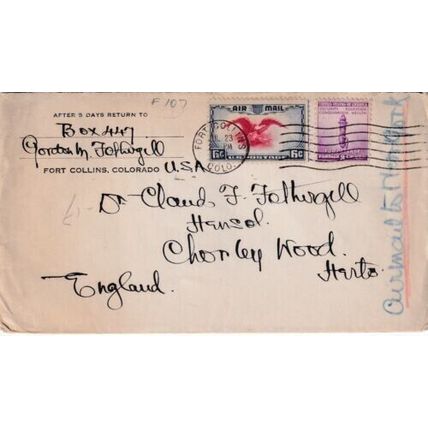United States 1941 Fort Collins-Chorley Wood UK Cover Fort Collins CO cancel VGC