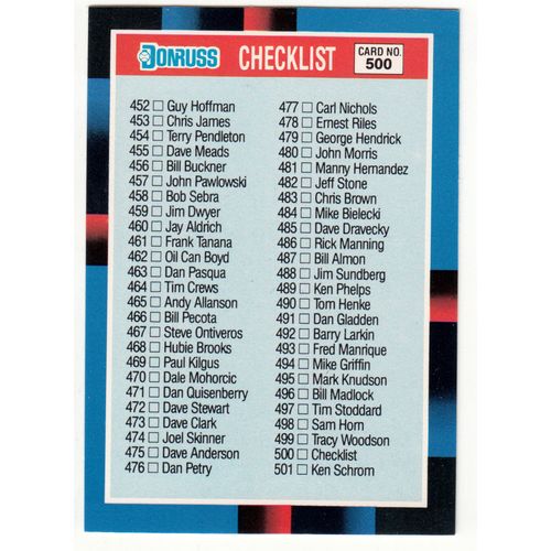 1988 Donruss Baseball Checklist unmarked card #500