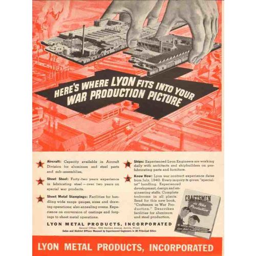LYON METAL PRODUCTS INC 1943 fits war production picture vintage ad