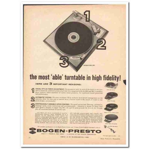 SIEGLER CORP 1961 Bogen-Presto B60 B61 turntable stereo vintage ad