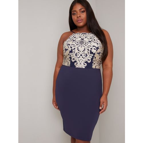 Chi Chi London Curve Embroidery Occasion Bridal Dress 14 Navy/Gold
