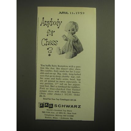 1959 F.A.O. Schwarz Baby Bumpkins Doll Ad - Anybody for Chess?