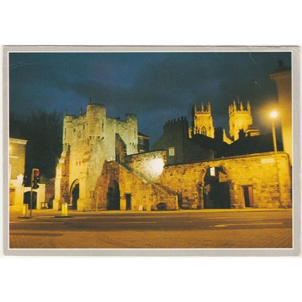 Postcard Bootham Bar, York, at night. Unposted