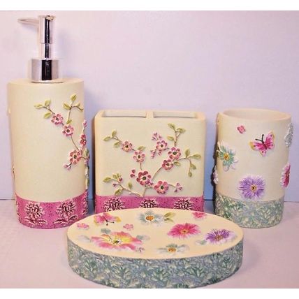 Avanti Linens Garden Party Birds Soap Dispenser Dish Toothbrush Tumbler 4 pc Set