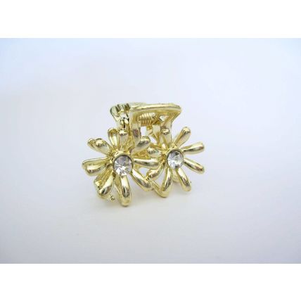 Small shiny gold metal double flower hair claw clip with crystals