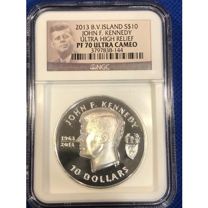 2013 B.V. Island John F. Kennedy Ultra High Relief 2 oz SILVER PF70 Coin.