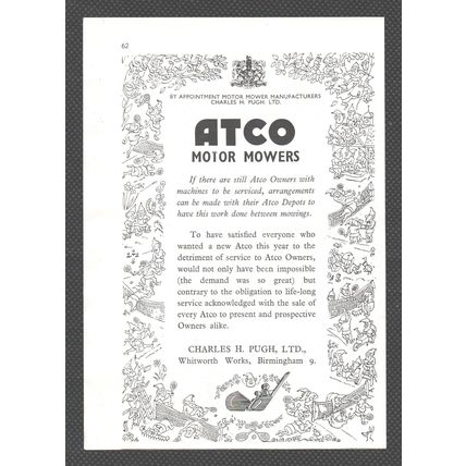 ATCO MOTOR grass MOWERS by GHARLES PUGH of BIRMINGHAM :- Original 1947 Advert