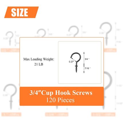 120 Pieces 3/4 Inch Cup Screw Hooks, Screw-In Hooks, Ceiling Hooks, Self-Tapping