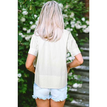 White Solid Color Ruched Bubble Sleeve V Neck Blouse