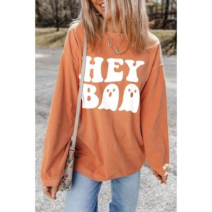 Orange Halloween Hey Boo Ghost Print Loose Sweatshirt