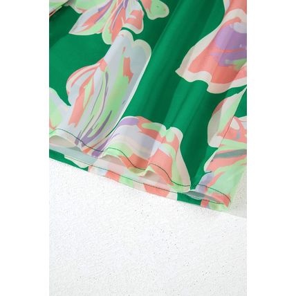 Green Floral Print Button up Pleated Puff Sleeve Loose Shirt
