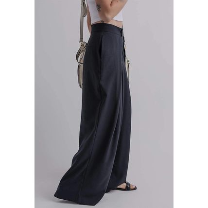 Dirty blue Dual Buttoned High Waist Pleated Wide Leg Pants