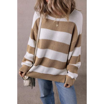 Light French Beige Colorblock Striped Drop Shoulder Side Slit Sweater